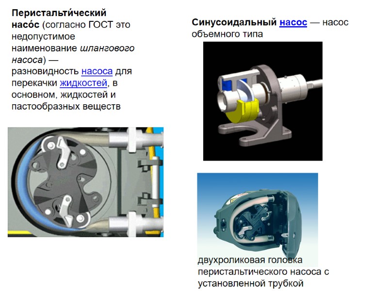 Синусоидальный насос — насос объемного типа Перистальти́ческий насо́с (согласно ГОСТ это недопустимое наименование шлангового